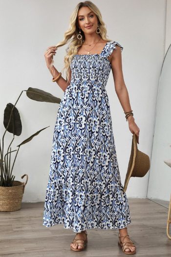 Women Sky Blue Boho Print Smocked High Waist Maxi Dress | Maxi Dresses