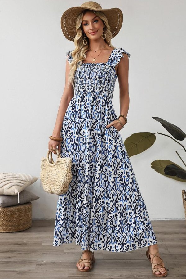 Women Sky Blue Boho Print Smocked High Waist Maxi Dress | Maxi Dresses - Image 2