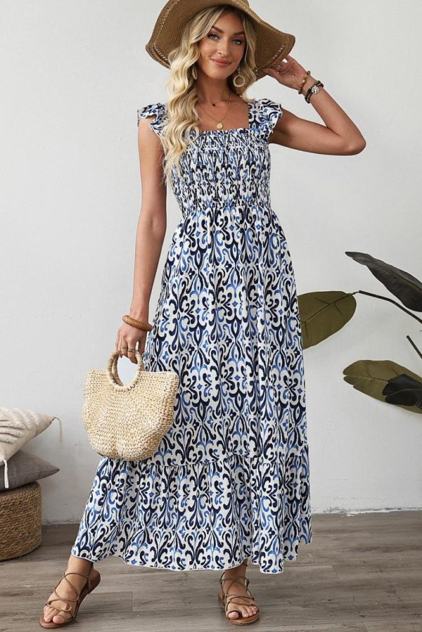 Women Sky Blue Boho Print Smocked High Waist Maxi Dress | Maxi Dresses - Image 3