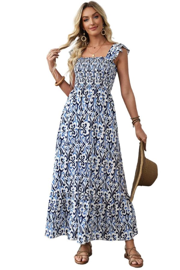 Women Sky Blue Boho Print Smocked High Waist Maxi Dress | Maxi Dresses - Image 5