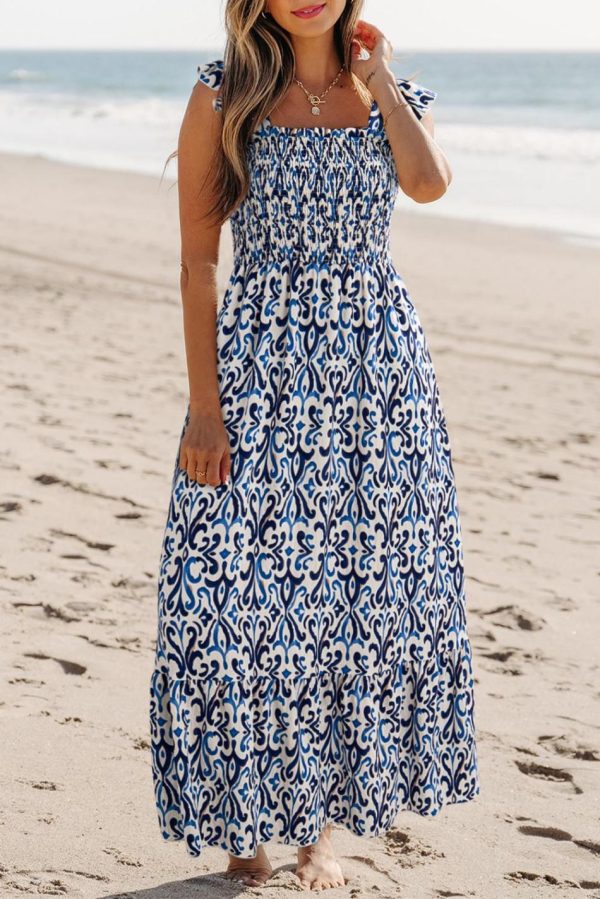 Women Sky Blue Boho Print Smocked High Waist Maxi Dress | Maxi Dresses - Image 6