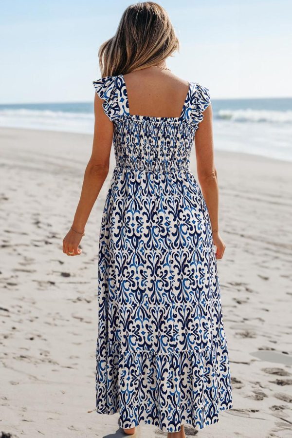 Women Sky Blue Boho Print Smocked High Waist Maxi Dress | Maxi Dresses - Image 7