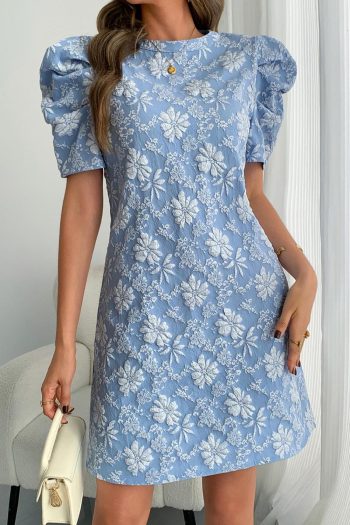Women Sky Blue Floal Jacquard Elegant Mini Dress | Short Dresses