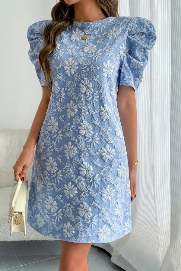 Women Sky Blue Floal Jacquard Elegant Mini Dress | Short Dresses - Image 2