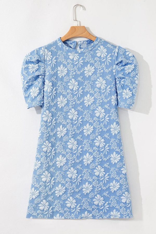 Women Sky Blue Floal Jacquard Elegant Mini Dress | Short Dresses - Image 3