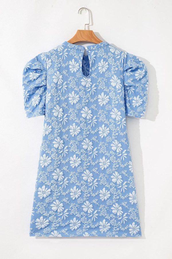 Women Sky Blue Floal Jacquard Elegant Mini Dress | Short Dresses - Image 4