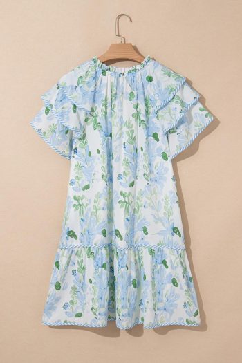 Women Sky Blue Floral Contrast Edge Ruffle Sleeve Tie Neck Mini Dress | Short Dresses