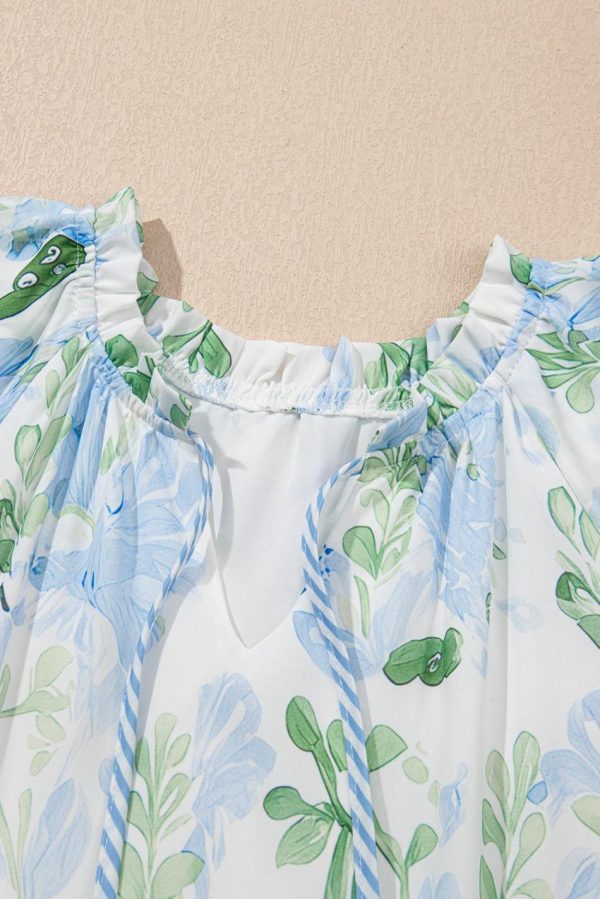 Women Sky Blue Floral Contrast Edge Ruffle Sleeve Tie Neck Mini Dress | Short Dresses - Image 2