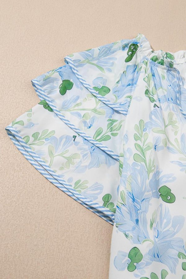 Women Sky Blue Floral Contrast Edge Ruffle Sleeve Tie Neck Mini Dress | Short Dresses - Image 3