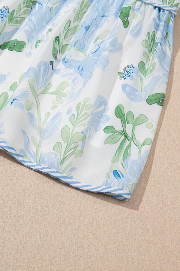 Women Sky Blue Floral Contrast Edge Ruffle Sleeve Tie Neck Mini Dress | Short Dresses - Image 5
