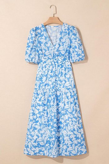Women Sky Blue Floral Print Deep V Neck Puff Sleeve Flowy Dress | Maxi Dresses