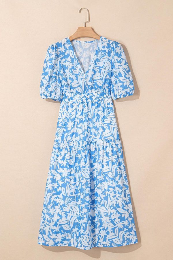 Women Sky Blue Floral Print Deep V Neck Puff Sleeve Flowy Dress | Maxi Dresses