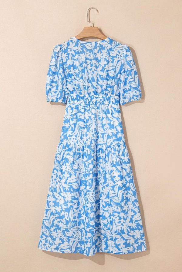 Women Sky Blue Floral Print Deep V Neck Puff Sleeve Flowy Dress | Maxi Dresses - Image 2