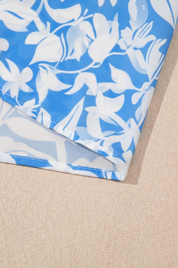 Women Sky Blue Floral Print Deep V Neck Puff Sleeve Flowy Dress | Maxi Dresses - Image 3