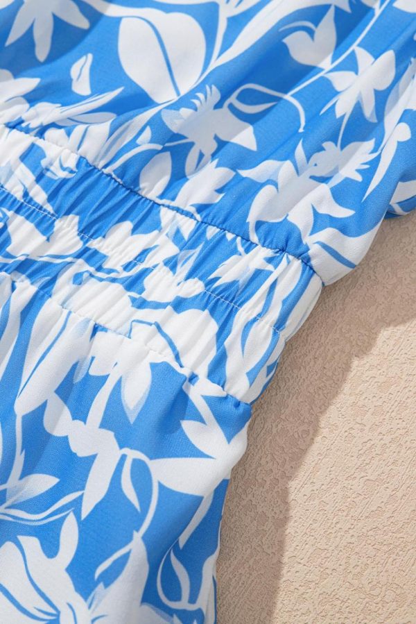 Women Sky Blue Floral Print Deep V Neck Puff Sleeve Flowy Dress | Maxi Dresses - Image 5