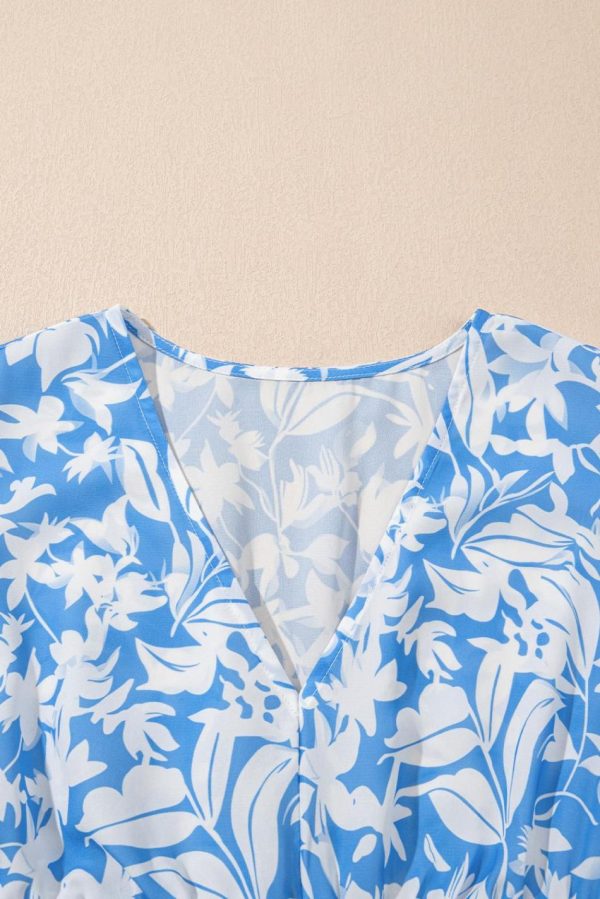 Women Sky Blue Floral Print Deep V Neck Puff Sleeve Flowy Dress | Maxi Dresses - Image 6