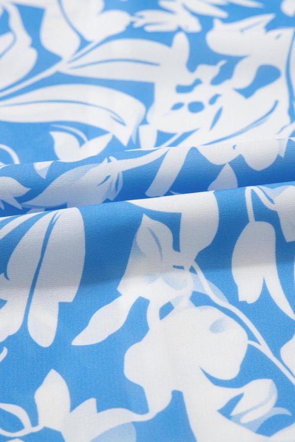 Women Sky Blue Floral Print Deep V Neck Puff Sleeve Flowy Dress | Maxi Dresses - Image 7