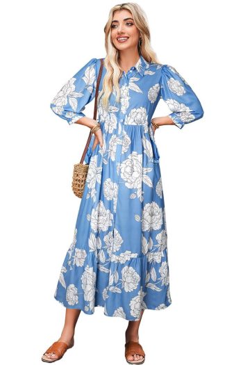 Women Sky Blue Floral Print Puff Sleeve Collared Dress | Maxi Dresses
