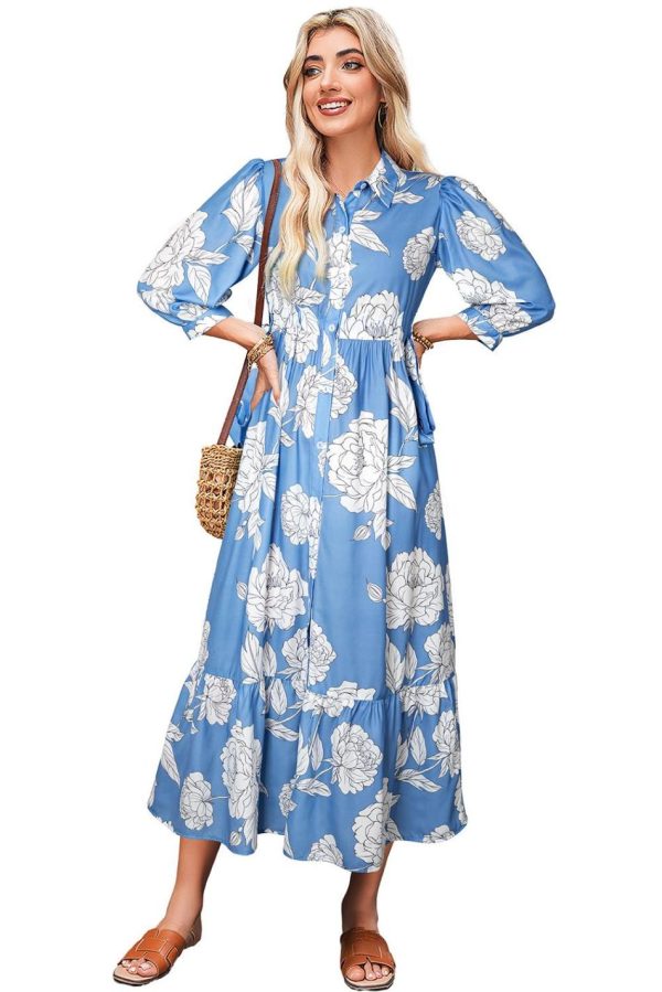 Women Sky Blue Floral Print Puff Sleeve Collared Dress | Maxi Dresses