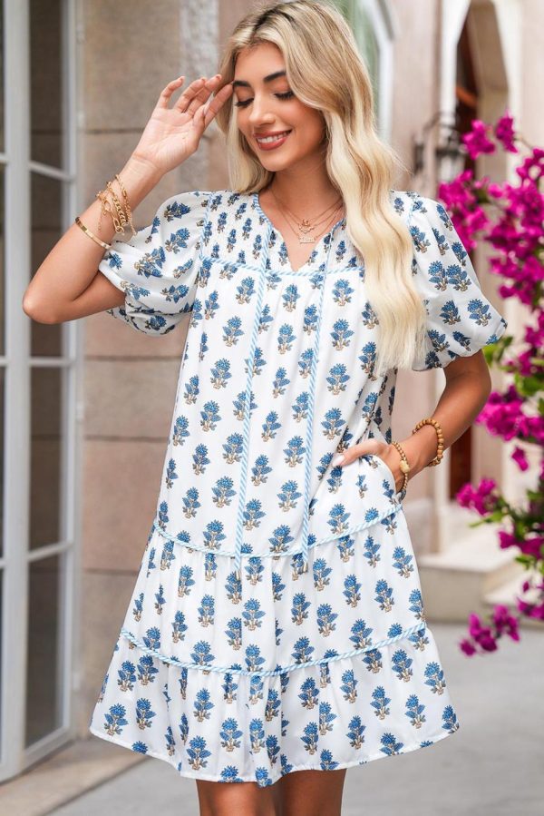 Women Sky Blue Floral Print Puff Sleeve Tiered Mini Dress | Short Dresses - Image 4