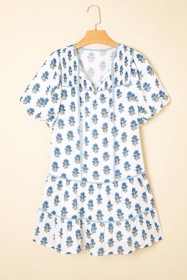 Women Sky Blue Floral Print Puff Sleeve Tiered Mini Dress | Short Dresses - Image 7