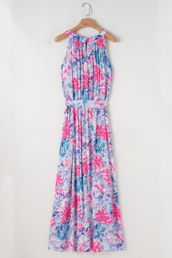 Women Sky Blue Floral Print Sleeveless O Neck Knot Waist Maxi Dress | Maxi Dresses - Image 3