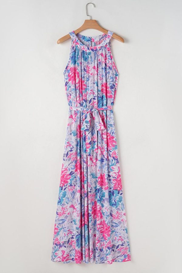 Women Sky Blue Floral Print Sleeveless O Neck Knot Waist Maxi Dress | Maxi Dresses - Image 4