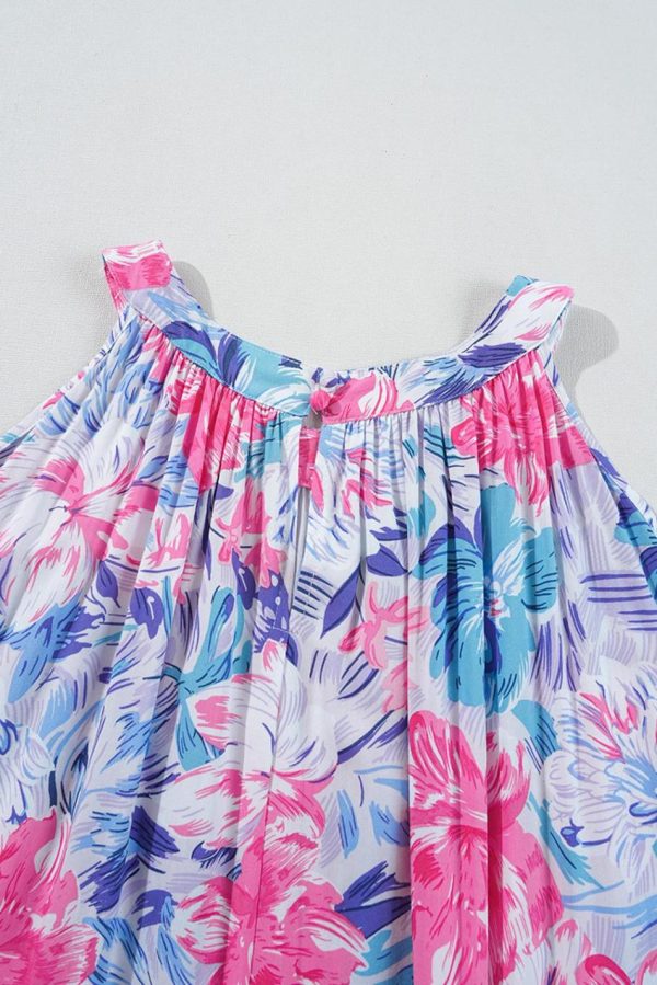 Women Sky Blue Floral Print Sleeveless O Neck Knot Waist Maxi Dress | Maxi Dresses - Image 6