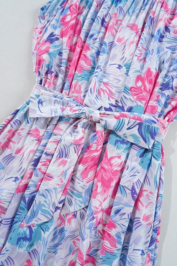 Women Sky Blue Floral Print Sleeveless O Neck Knot Waist Maxi Dress | Maxi Dresses - Image 7