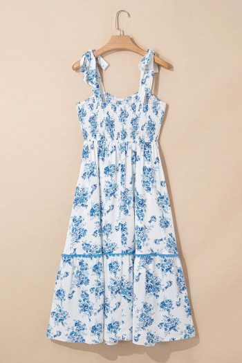 Women Sky Blue Floral Print Smocked Knot Shoulder Sleeveless Midi Dress | Midi Dresses