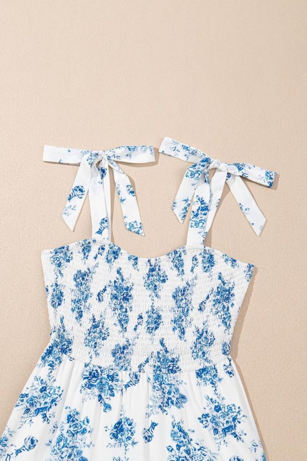 Women Sky Blue Floral Print Smocked Knot Shoulder Sleeveless Midi Dress | Midi Dresses - Image 2