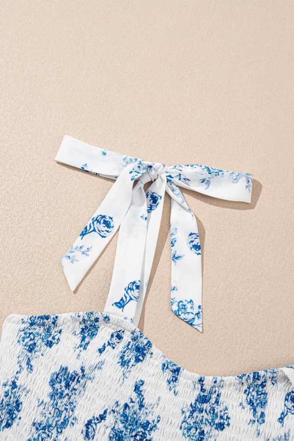 Women Sky Blue Floral Print Smocked Knot Shoulder Sleeveless Midi Dress | Midi Dresses - Image 3