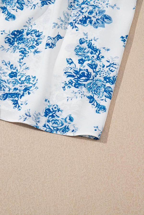 Women Sky Blue Floral Print Smocked Knot Shoulder Sleeveless Midi Dress | Midi Dresses - Image 5
