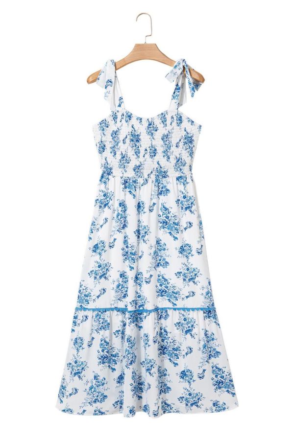 Women Sky Blue Floral Print Smocked Knot Shoulder Sleeveless Midi Dress | Midi Dresses - Image 7