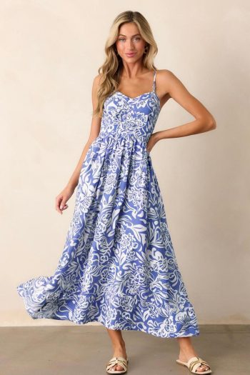 Women Sky Blue Floral Print Spaghetti Strap High Waist Maxi Dress | Maxi Dresses