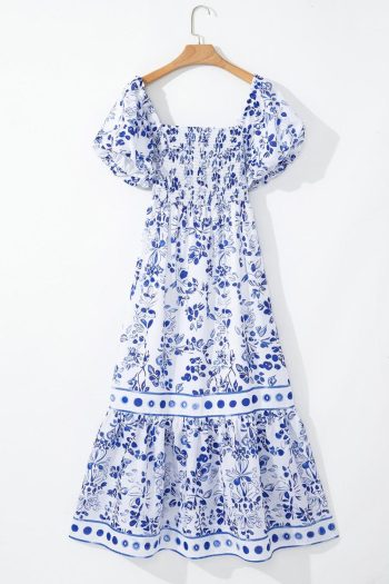 Women Sky Blue Floral Print Square Neck Bubble Sleeve High Waist Maxi Dress | Maxi Dresses