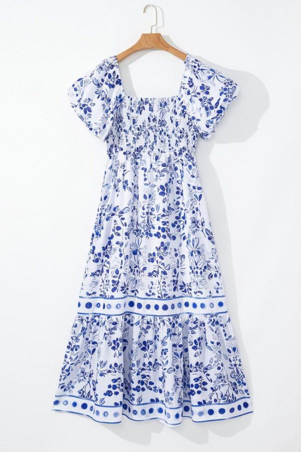 Women Sky Blue Floral Print Square Neck Bubble Sleeve High Waist Maxi Dress | Maxi Dresses - Image 2