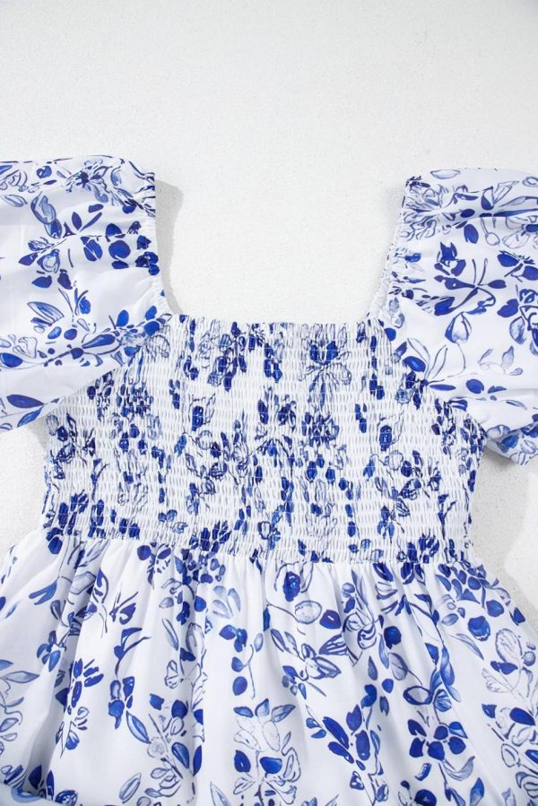 Women Sky Blue Floral Print Square Neck Bubble Sleeve High Waist Maxi Dress | Maxi Dresses - Image 3