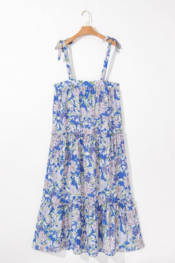Women Sky Blue Floral Print Tie Straps Flowy Ruffle Maxi Dress | Maxi Dresses - Image 4