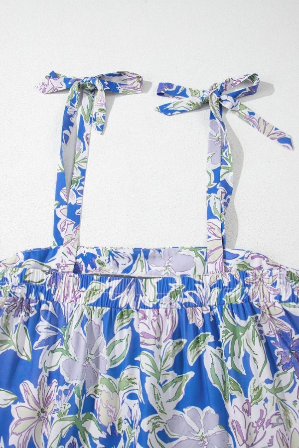 Women Sky Blue Floral Print Tie Straps Flowy Ruffle Maxi Dress | Maxi Dresses - Image 7
