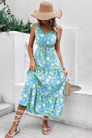 Women Sky Blue Floral Print Trimmed V Neck Sleeveless Vacation Dress | Midi Dresses