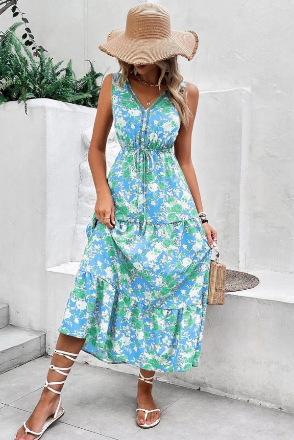 Women Sky Blue Floral Print Trimmed V Neck Sleeveless Vacation Dress | Midi Dresses