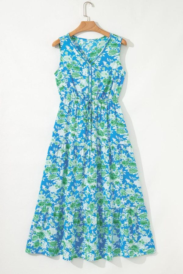 Women Sky Blue Floral Print Trimmed V Neck Sleeveless Vacation Dress | Midi Dresses - Image 2