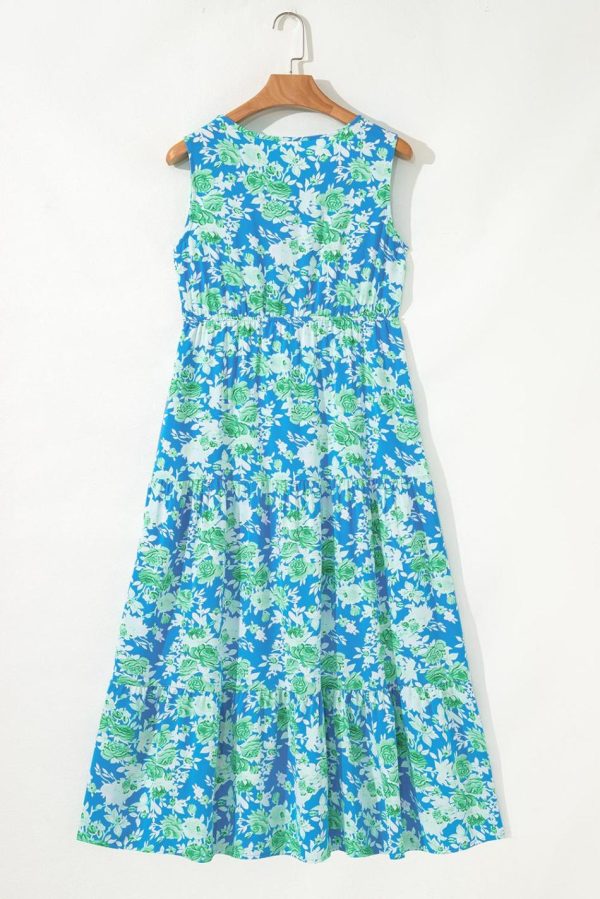 Women Sky Blue Floral Print Trimmed V Neck Sleeveless Vacation Dress | Midi Dresses - Image 3