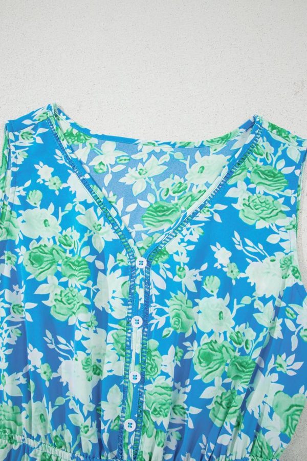 Women Sky Blue Floral Print Trimmed V Neck Sleeveless Vacation Dress | Midi Dresses - Image 4