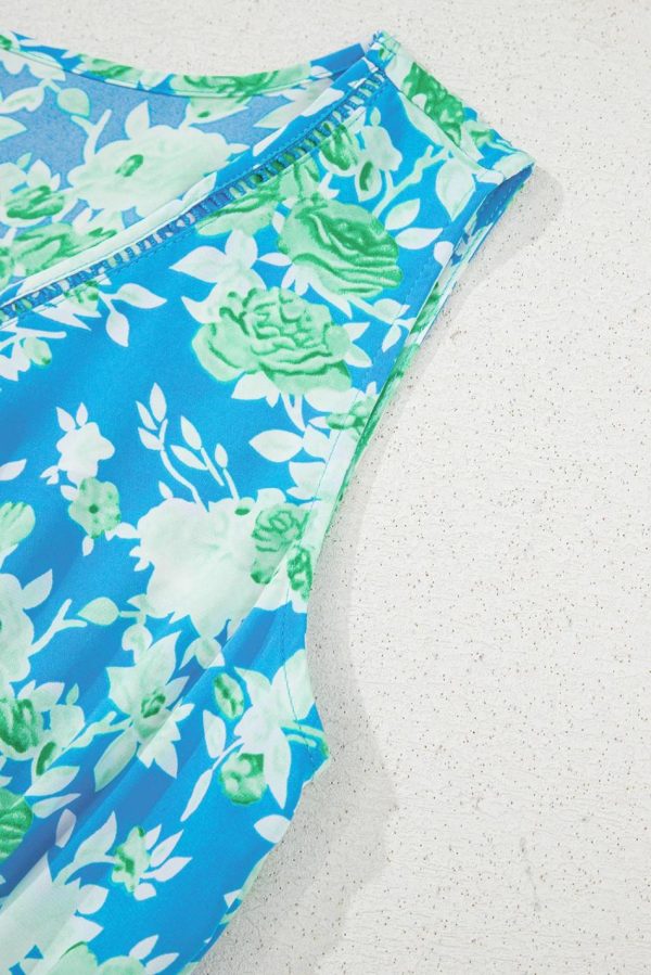 Women Sky Blue Floral Print Trimmed V Neck Sleeveless Vacation Dress | Midi Dresses - Image 5