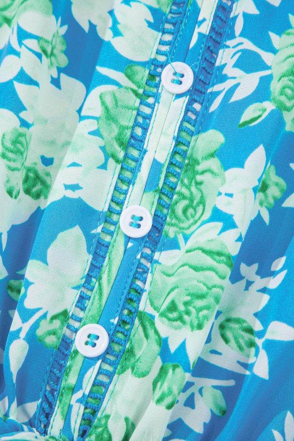 Women Sky Blue Floral Print Trimmed V Neck Sleeveless Vacation Dress | Midi Dresses - Image 6