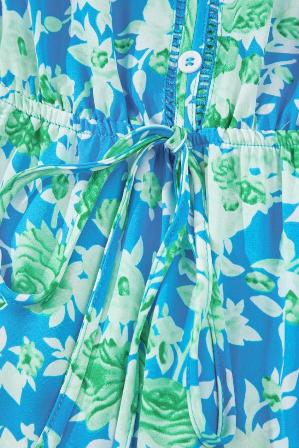 Women Sky Blue Floral Print Trimmed V Neck Sleeveless Vacation Dress | Midi Dresses - Image 7