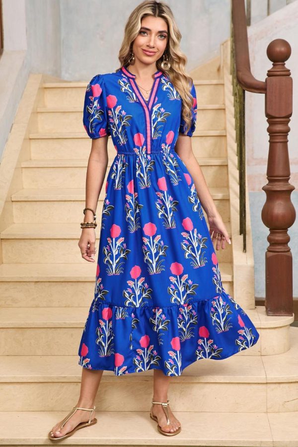 Women Sky Blue Floral Ruffle Hem Pop Of Color Neckline Dress | Midi Dresses