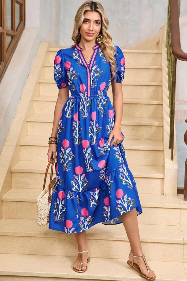 Women Sky Blue Floral Ruffle Hem Pop Of Color Neckline Dress | Midi Dresses - Image 2